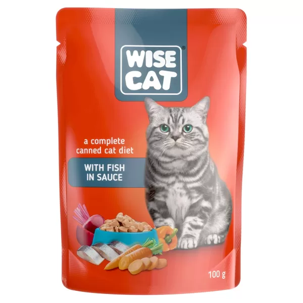 Hrana umeda pentru pisici, cu peste, Wise Cat, Pliculet 100 gr