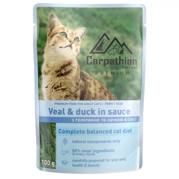 pliculet hrana pisici carpathian 100 gr, cu vitel si rata
