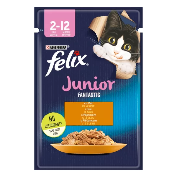Hrana umeda cu pui pentru pisici junior, Felix Junior, 85 gr