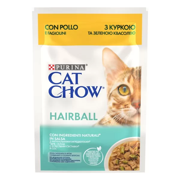 Hrana umeda pentru pisici cu pui si fasole verde, Hairball Control, Cat Chow, 85 gr