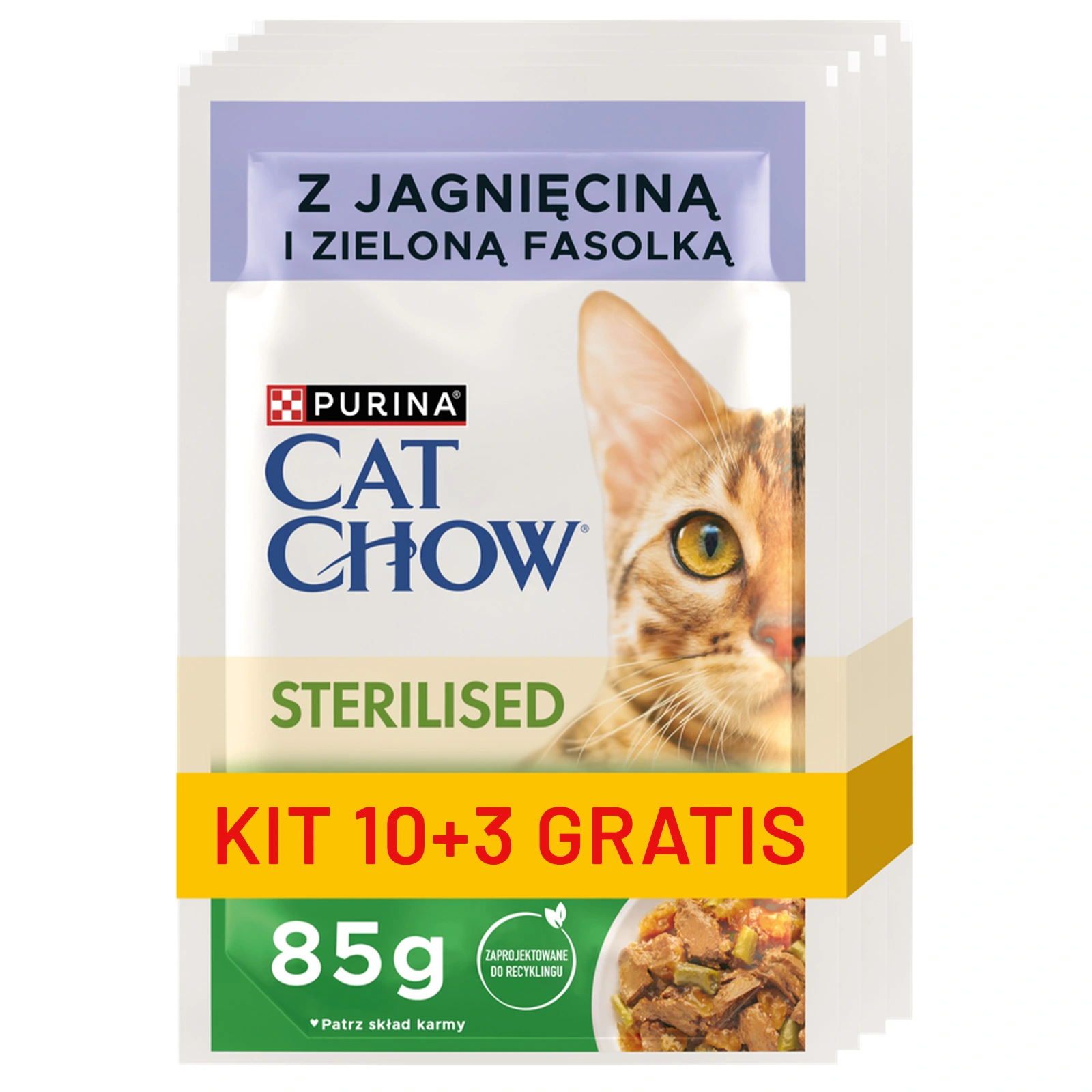 Promo csomag: nedves eledel sterilizált macskáknak bárányhússal és zöldbabbal, Cat Chow, 85 gr, 10+3 INGYENES Purina Cat Chow cu miel si fasole verde
