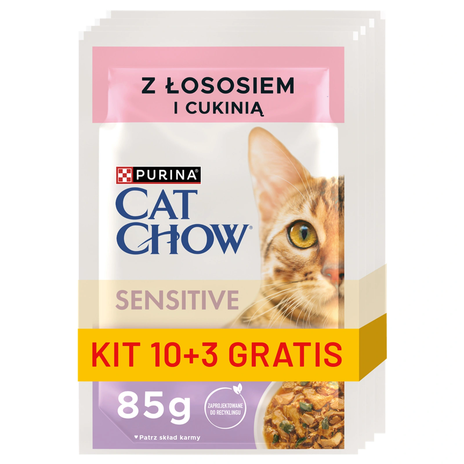 Promo csomag: nedves macskaeledel lazaccal és cukkinivel, Sensitive pliculet umed cat chow cu somon